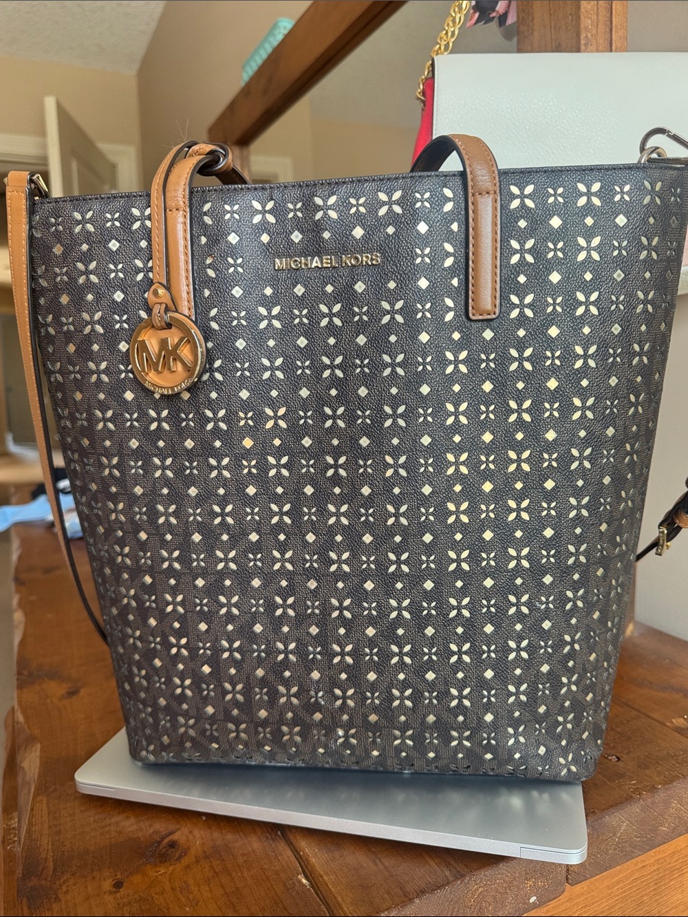 Michael Kors Dark Brown and Tan Floral Logo Tote